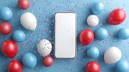 Festive smartphone mockup surrounded by patriotic balloons and confetti on a blue background, perfect for 4th of July digital promotions or app ads
