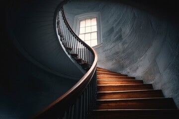 Curved wooden staircase leading to a bright window in a historic building at dusk