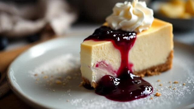 Delicious new york style cheesecake with blueberry topping