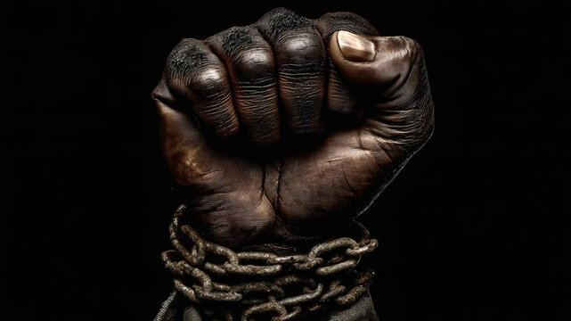 Powerful clenched fist with chains on black background symbolizes liberation and struggle