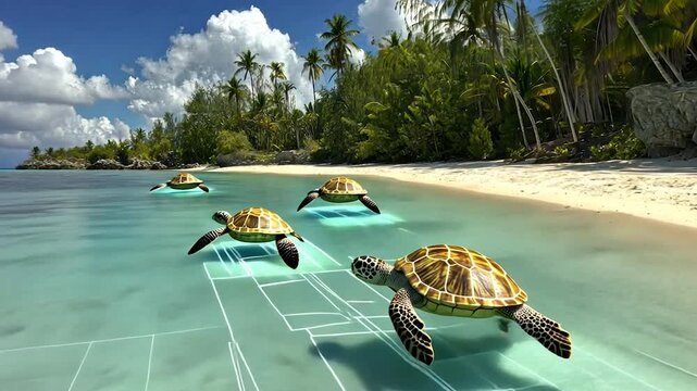 Four sea turtles swim in clear turquoise water near a tropical beach, with faint grid lines overlaid