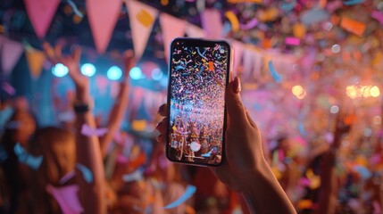 Vibrant party moment captured on smartphone, hand raised in air, colorful confetti falling, blurred crowd and bunting in warm celebratory lighting