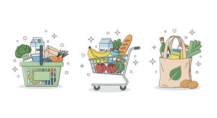 Grocery Shopping Reusable Bags, Carts, and Baskets Filled with Fresh Produce and Dairy