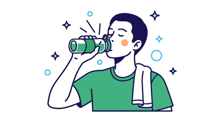 Hydrated Man Drinking Water from Bottle Healthy Lifestyle Illustration