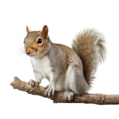 Cute Gray Squirrel Sitting on Tree Branch with Fluffy Tail and Bright Eyes in Natural Outdoor Setting Transparent background or png