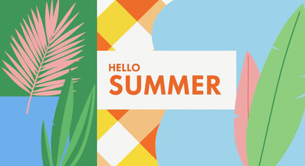 Hello Summer Tropical Leaves and Geometric Patterns Illustration