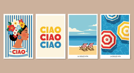 Summer Vacation Vibes Set of Four Retro-Style Illustrations