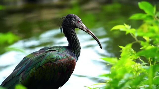 Glossy ibis standing near green foliage and water with its long curved beak visible clearly now