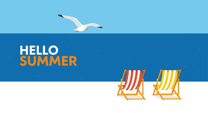 Hello Summer Beach Chairs, Seagull, and Ocean View Illustration