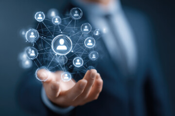 Customer relationship management or CRM concept. Businessman showing Customer relationship community online network technology. Global customer service system build brand loyalty. Digital business