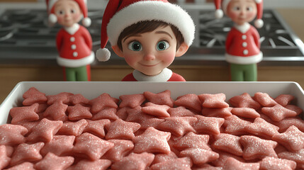 Adorable little girl smiling, baking, and preparing Christmas cookies with family, celebrating the holiday fun