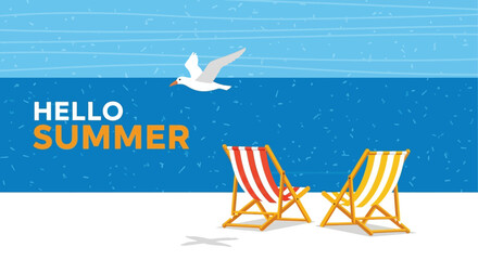 Hello Summer Beach Chairs, Seagull, and Ocean View Illustration