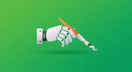 Robotic Hand with Paintbrush on Green Background