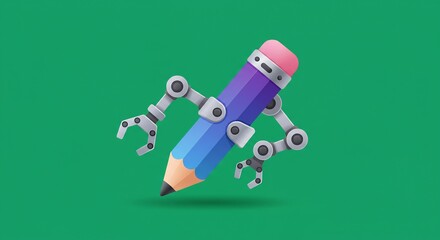 Robotic Pencil with Mechanical Arms on Green Background