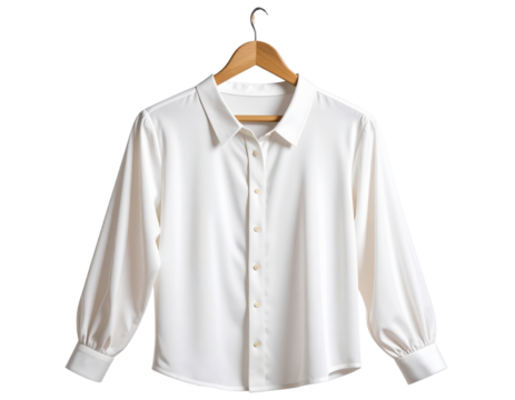 Classic White Silk Blouse on Wooden Hanger, Front View, Transparent Background