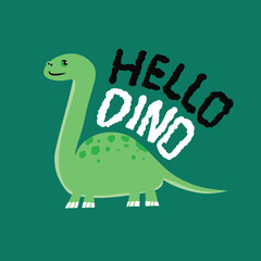  Long-Necked Green Dinosaur with Hello Dino Text. Friendly Green Dinosaur Illustration with Hello Dino Message