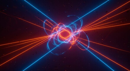 Glowing neon lines intersect, creating vibrant, swirling energy patterns in a dark space