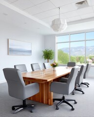 Modern Boardroom with Large Wooden Table and Gray Chairs