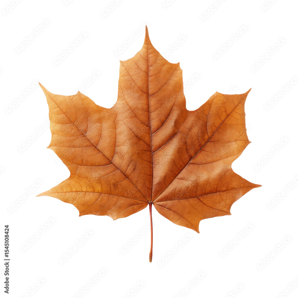Poster close-up view of a single brown maple leaf on white background with detailed texture and natural pat