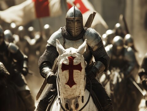 Medieval knight wearing chain mail and helmet riding white horse into battle