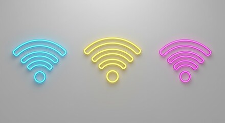Three Neon Wifi Symbols on White Background
