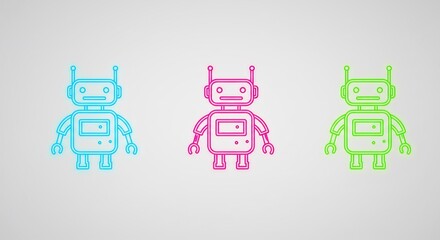 Three Pixel Art Robots in Blue Pink and Green