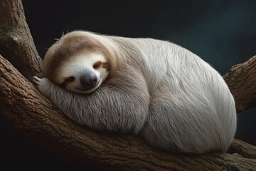 Fototapeta premium Sloth peacefully resting on a tree branch in a serene forest at dusk, surrounded by soft shadows and gentle light