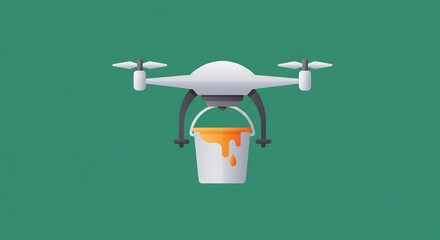White Drone Carrying Orange Paint Bucket Against Green Background
