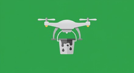 White Drone Carrying a Gray Bucket Against Green Background