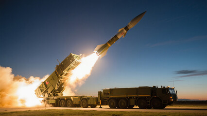 Missile Launch: Advanced defense system missile launching against a twilight sky