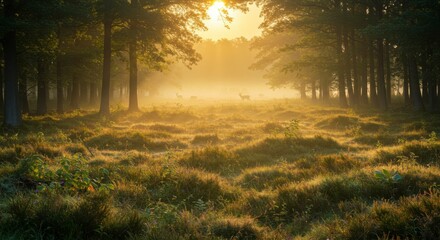 Misty sunrise bathes a forest clearing where deer graze, sunlight filtering through trees illuminating the scene