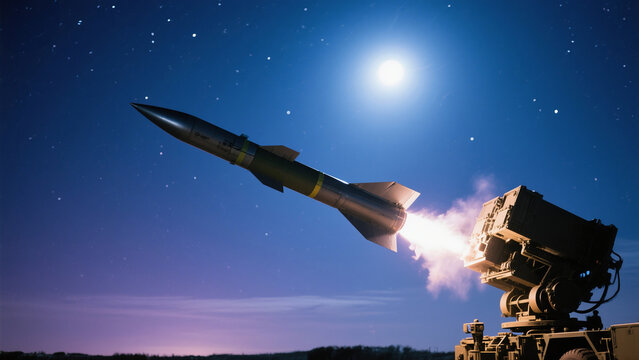 Precision strike: Ballistic missile launch with night sky stars in the background