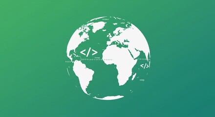White Pixel Globe with Code Symbol on Green Gradient Background
