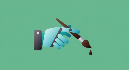 A Blue Hand Holding Paintbrush on Green Background
