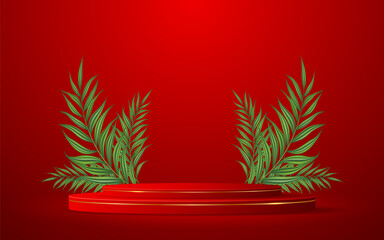 Red podium with elegant gold lines and green leaves on the back for product presentation. Cosmetic product display. vector illustration	