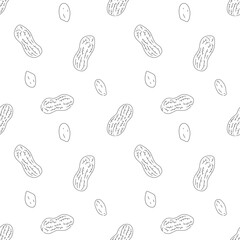 Hand-drawn seamless background featuring peanuts and seeds in black line art for food packaging, restaurant designs and healthy eating projects. Clean, minimalist style.