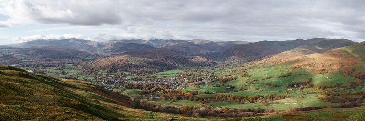 Panorama looking over Ambleside from Wansfell Pike to the Langdale Valley, Lake District, UK