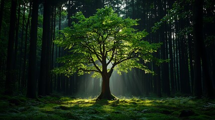 Obraz premium Sunlit Deciduous Tree in a Dark Forest Sunlight Beams through Canopy Sunbeams