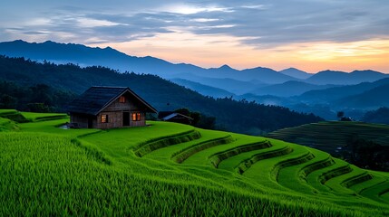 Obraz premium Wooden house on terraced rice fields at sunset mountain backdrop Terraced fields