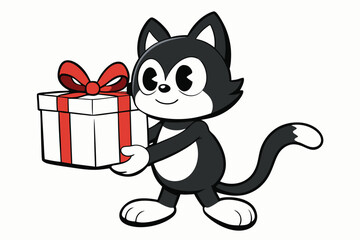 Cartoon black cat joyfully carries a red ribboned gift box with bright smile