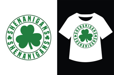 St. Patrick's Day t-shirt design featuring a green shamrock inside a circular "SHENANIGANS" emblem. Displayed as a graphic and on a white shirt. Festive Irish-themed apparel mockup.