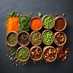 Various spices and herbs arranged in paper rolls on dark background