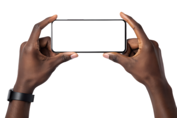 Dark Skinned Hands Holding a Phone in Landscape Orientation with Black Screen