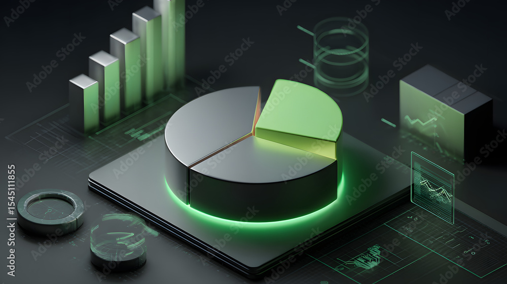 Poster cute isometric 3d image of 3d pie chart and bar chart in realistic metallic silver illuminated by ne