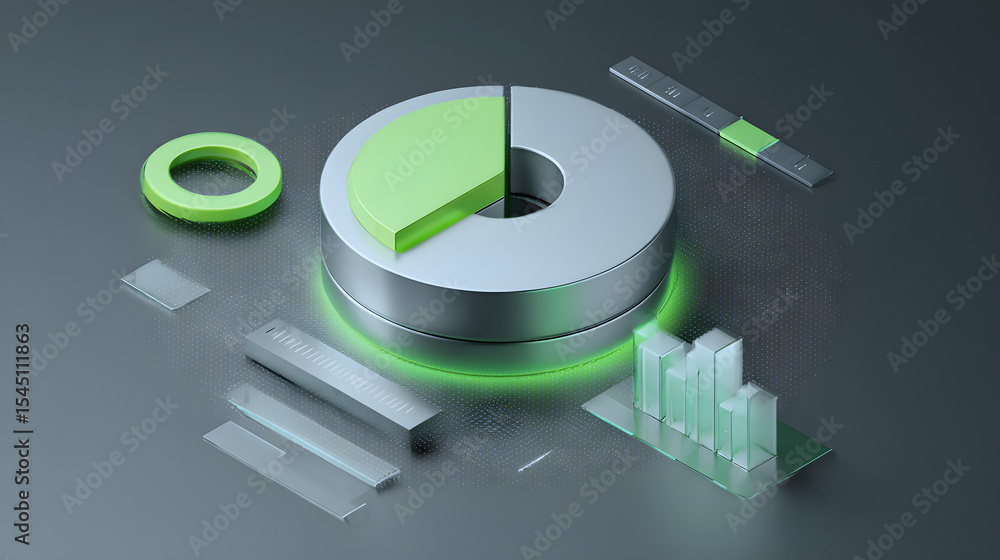 Poster cute isometric 3d image of 3d pie chart and bar chart in realistic metallic silver illuminated by ne