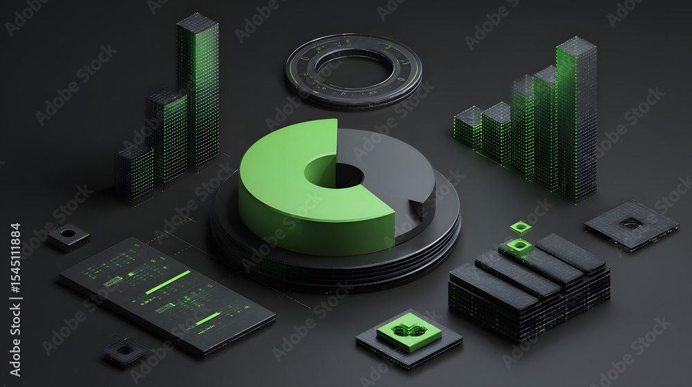 Poster cute isometric 3d image of 3d pie chart and bar chart in realistic metallic silver illuminated by ne