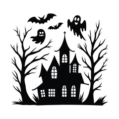 Spooky Halloween Haunted House Silhouette Illustration