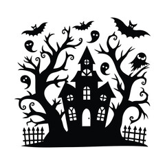 Spooky Halloween House Silhouette with Bats and Ghosts