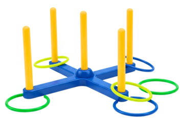 Vibrant plastic ring toss game with yellow posts isolated on a transparent background