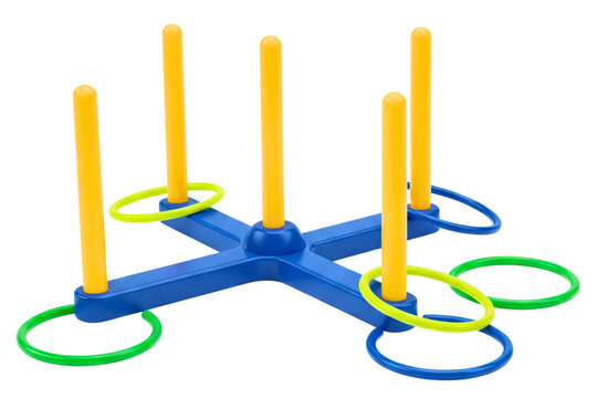 Vibrant plastic ring toss game with yellow posts isolated on a transparent background